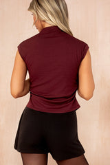 Francine Burgundy High Neck Ruched Top