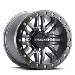 Raceline A91G Ryno 14x7in/4x156 BP/10mm Offset/132.5mm Bore - Gunmetal & Black Ring Beadlock Wheel