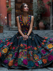 Comstylish Day Of The Dead Mexican Floral Embroidered Linen Maxi Dress