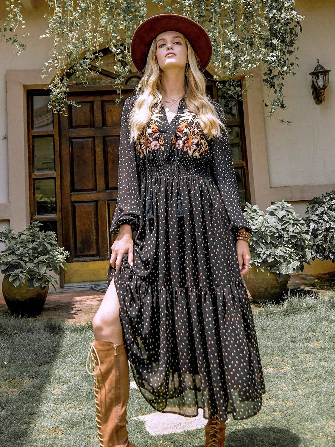 Embroidered Polka Dot Tie Neck Long Sleeve Midi Dress - Charming Charlie