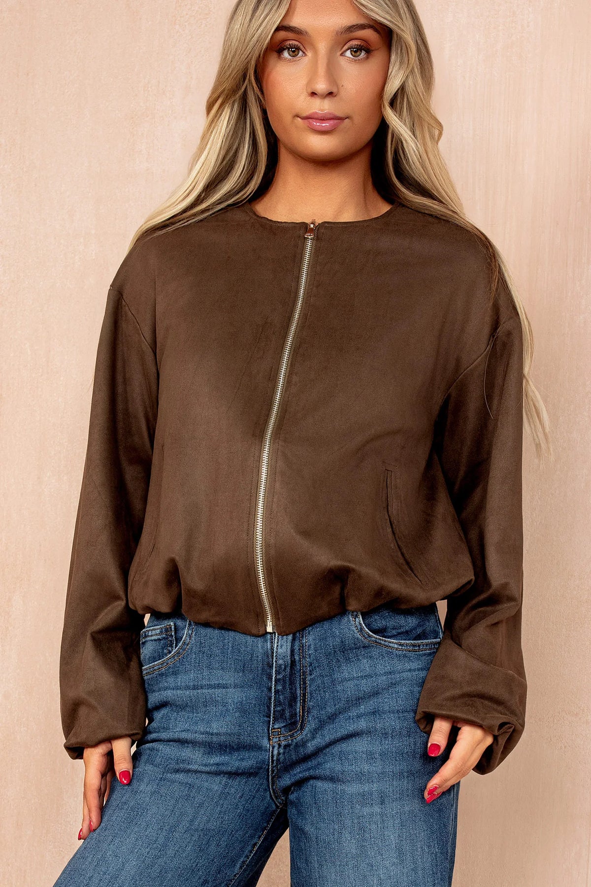 Janet Khaki Faux Suede Bomber Jacket