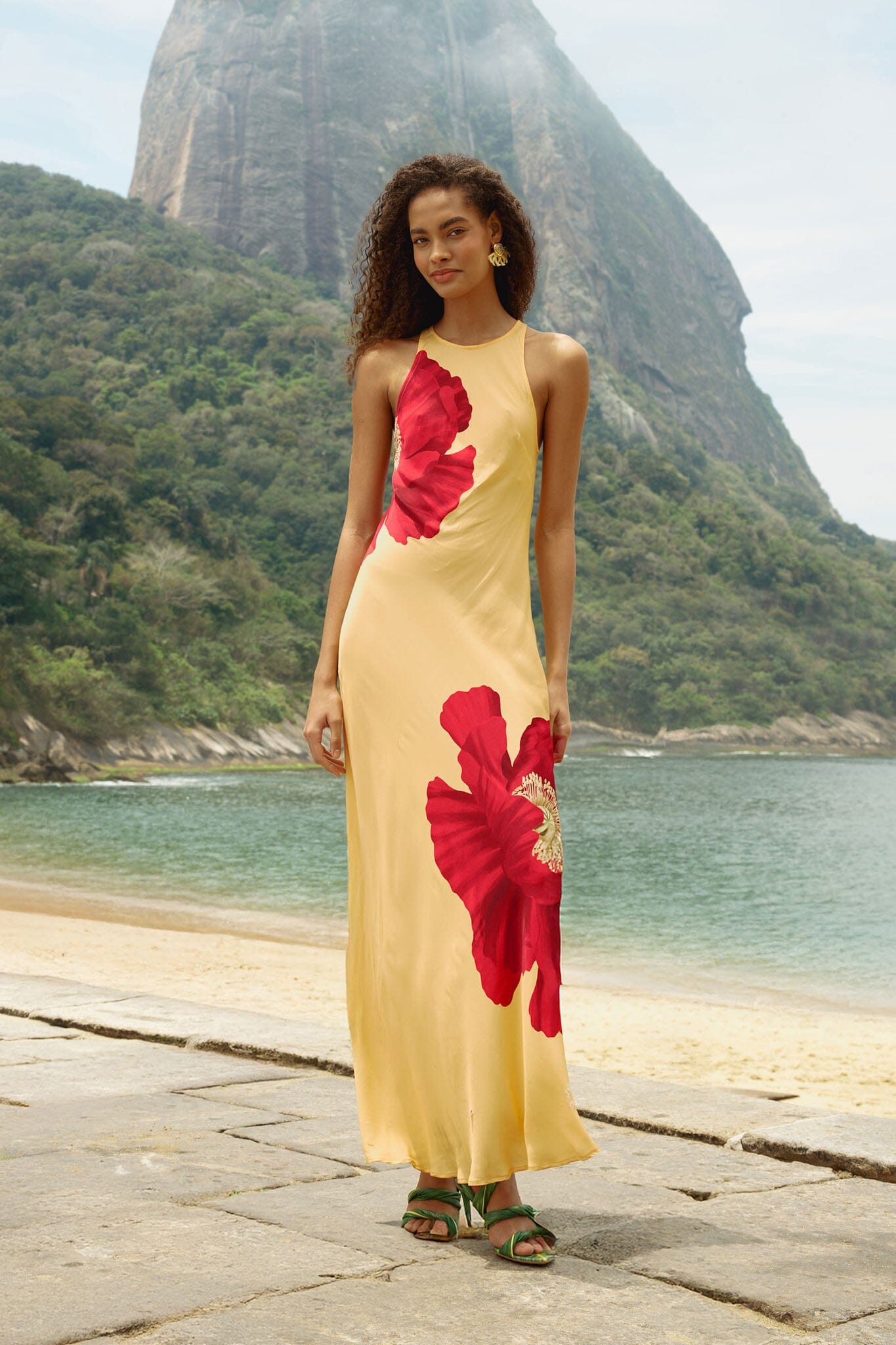 FARM Rio model wearing the Light Yellow Poppy Flowers Sleeveless Lenzing Ecovero Viscose Maxi Dress
