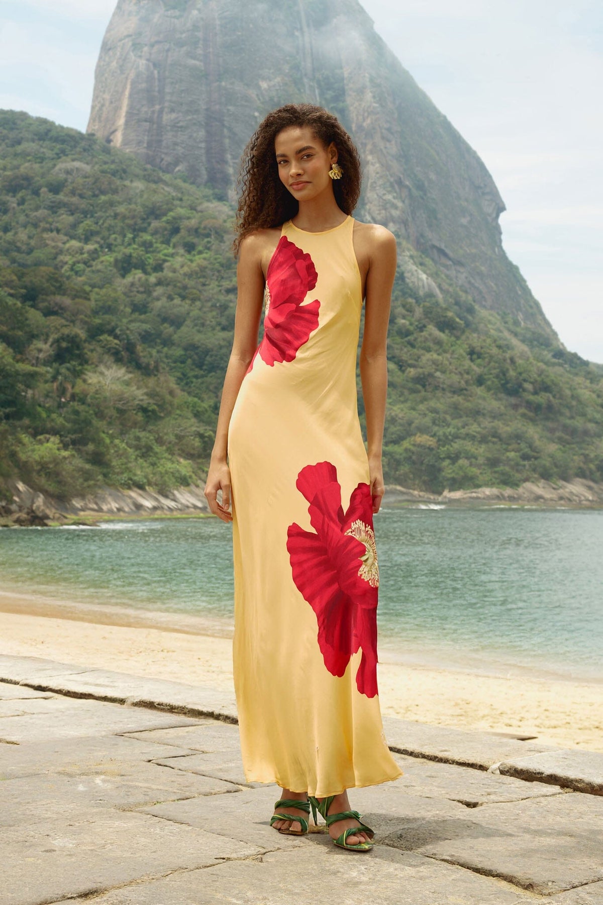 FARM Rio model wearing the Light Yellow Poppy Flowers Sleeveless Lenzing Ecovero Viscose Maxi Dress
