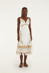 FARM Rio model wearing the Off-White Flower Embroidery Asymetric Hem Midi Dress