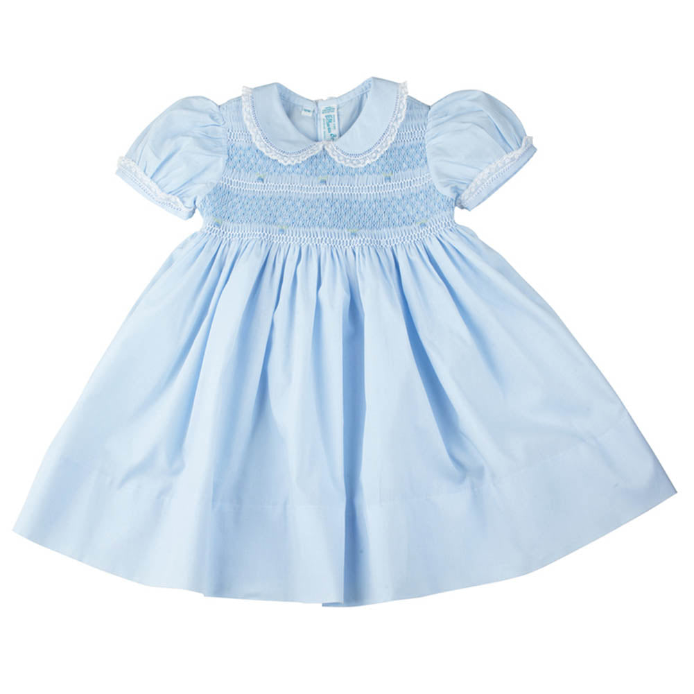 Girls Blue Smocked Yoke Dress with Lace Trim
