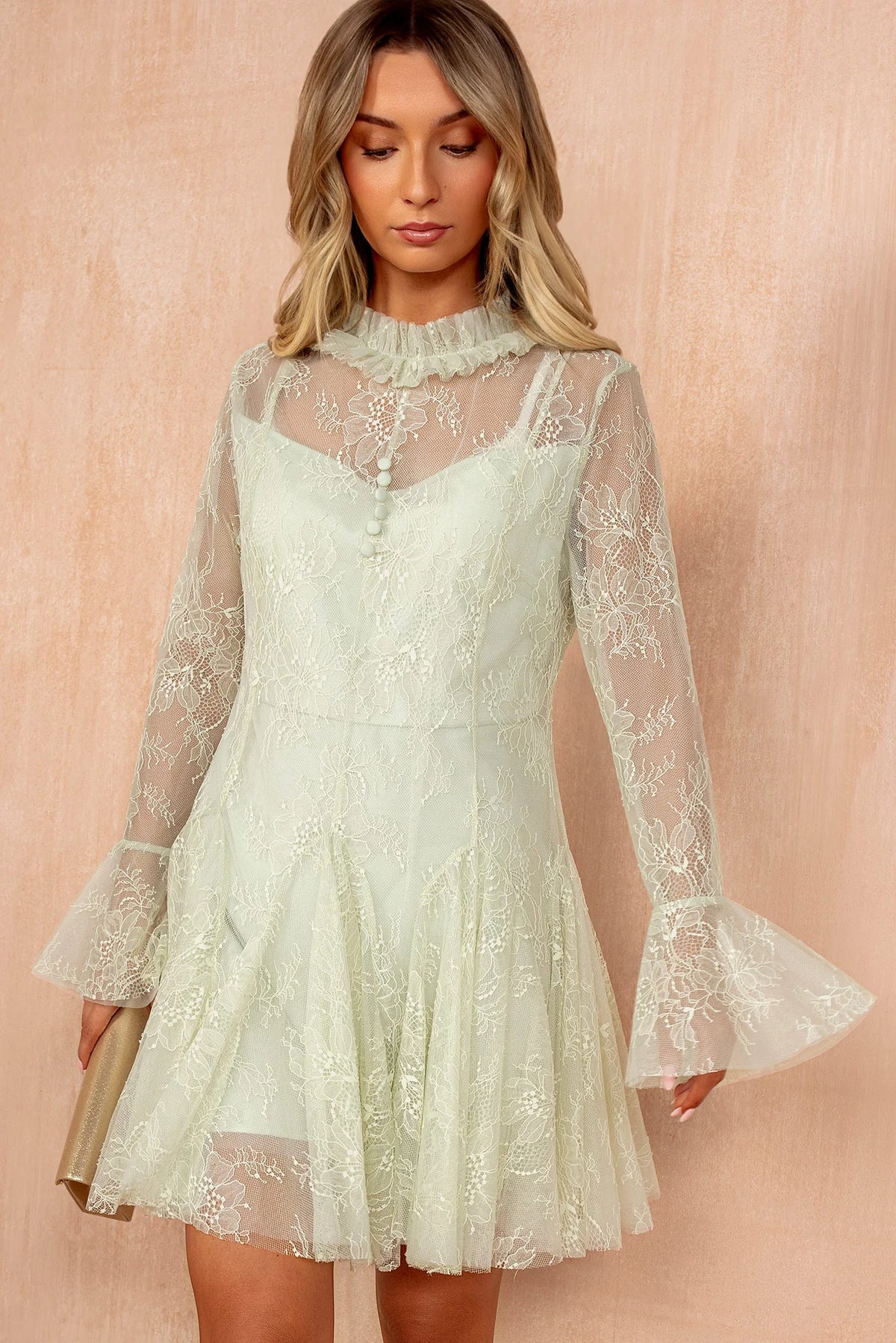 Orietta Sage Lace High Neck Dress