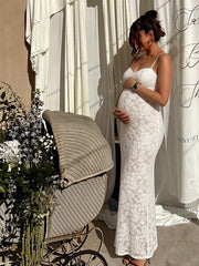 Momyknows White Spaghetti Strap Lace Bodycon Boat Neck Maternity Babyshower Midi Dress