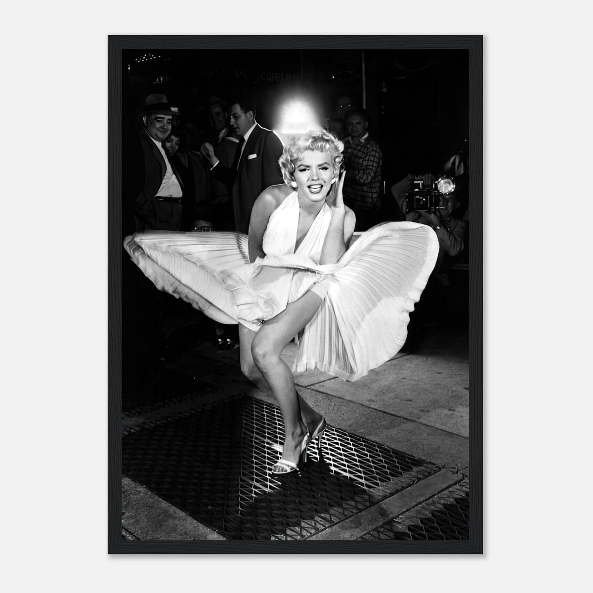 Marilyn Monroe in iconic white dress over subway grate, capturing timeless Hollywood elegance in framed print.