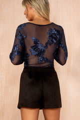 Parker Navy Mesh Floral Devore Bodysuit