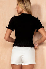 Shonda Black Ribbed Knit Collared Top