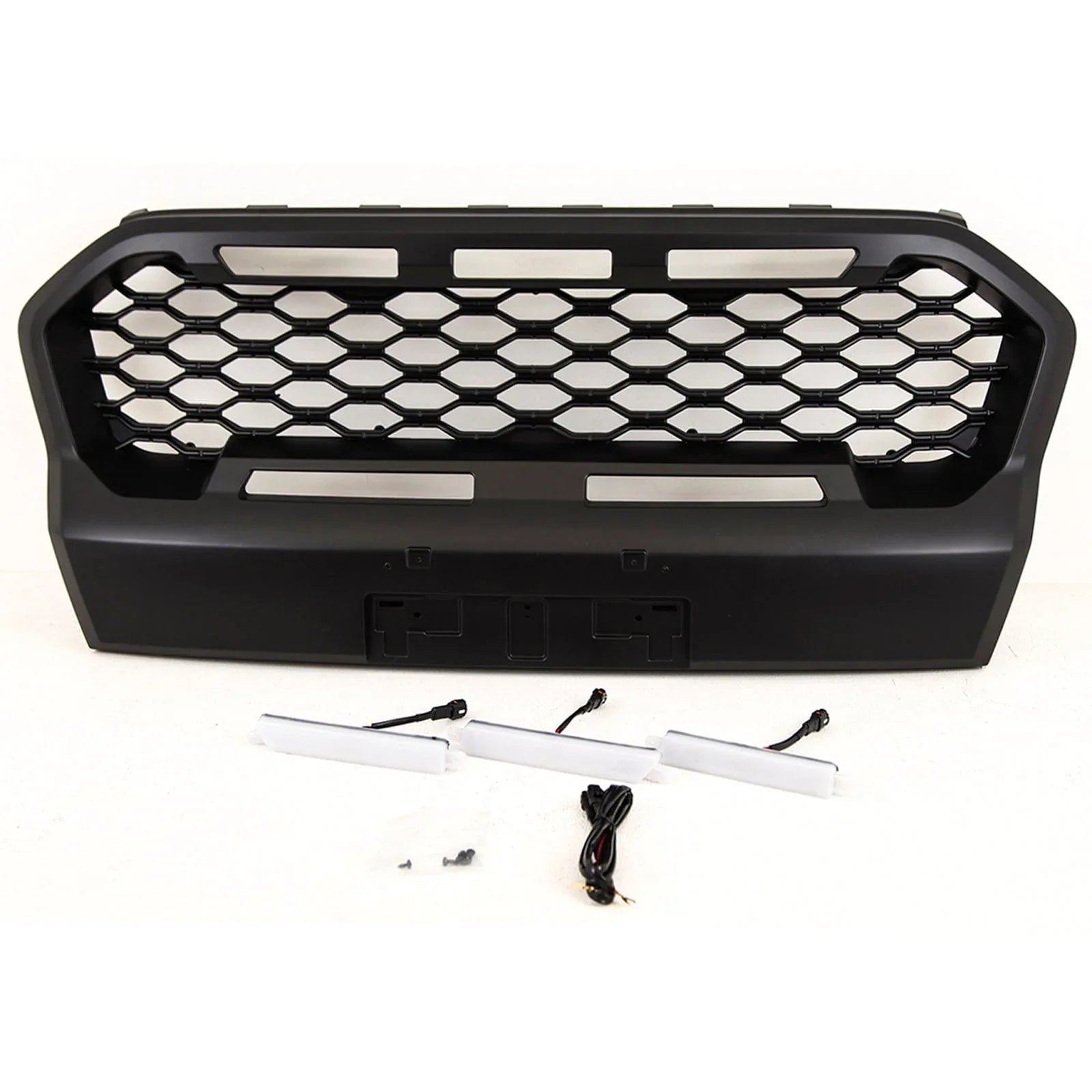 FD5549 For Ford Ranger T6 Wildtrak 2019-2022 Front Main Grille Mesh Style Upgade With LED Lights Black