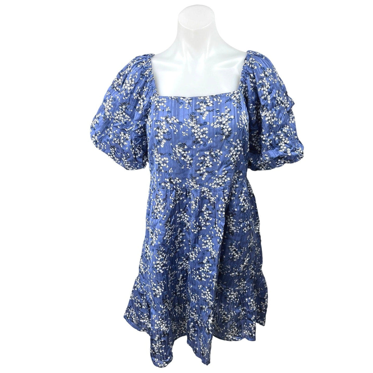 Mango MNG Blue Floral Square Neck Short Puff Sleeve Smocked Mini Shift Dress 6