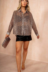 Olive Bronze Sheer Printed Sequin Shirt