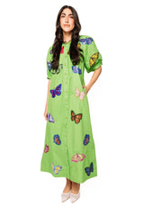 Green Multi Butterfly Button Up Cotton Midi Dress