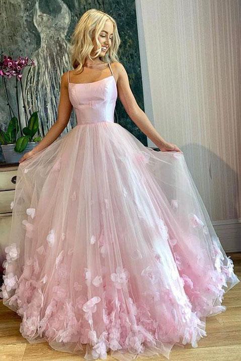 Light Pink Spaghetti Straps Long Prom Dresses, 3D Flowers Evening Dresses DMQ85