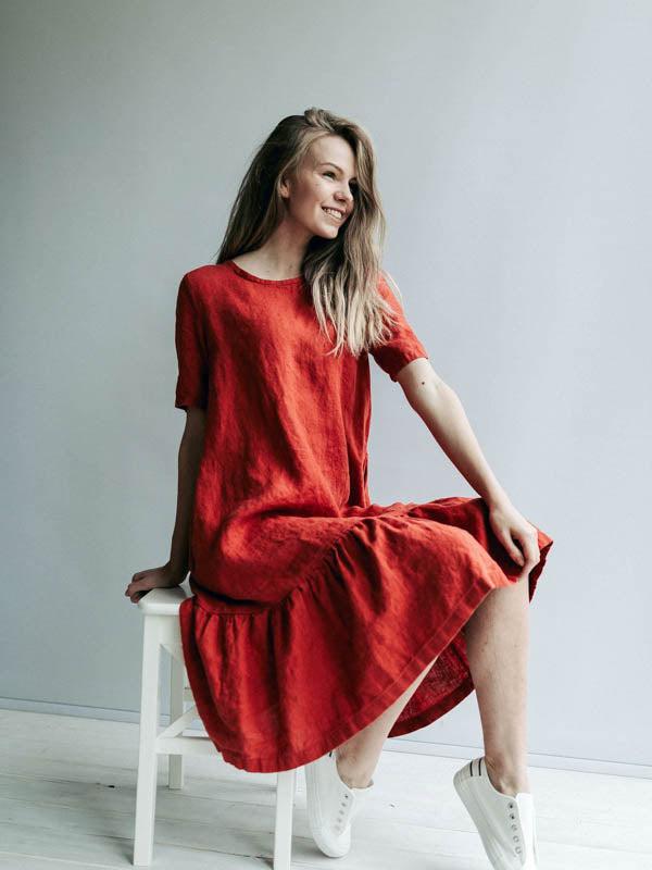 Drop Waist Dress 'Juliana' A line Dress from Linen, Drop Waist Linen Dress-Linenbee