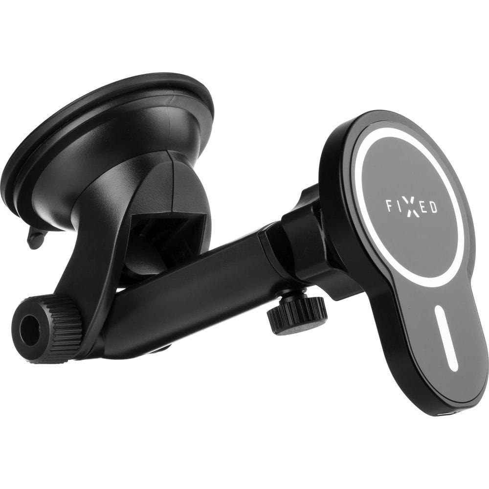 Magnetische Autohalterung mit Qi-Ladefunktion für iPhone, Fixed MagClick XL, schwarz, auf Saughalterung für Windschutzscheibe.