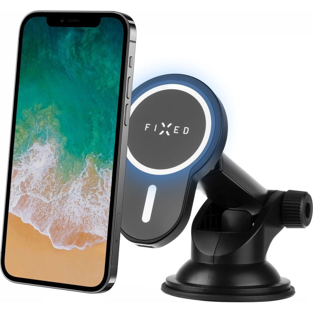 Magnetische Autohalterung Fixed MagClick XL mit Qi-Ladefunktion für MagSafe-iPhone, Schwarz, auf Armaturenbrett montiert.