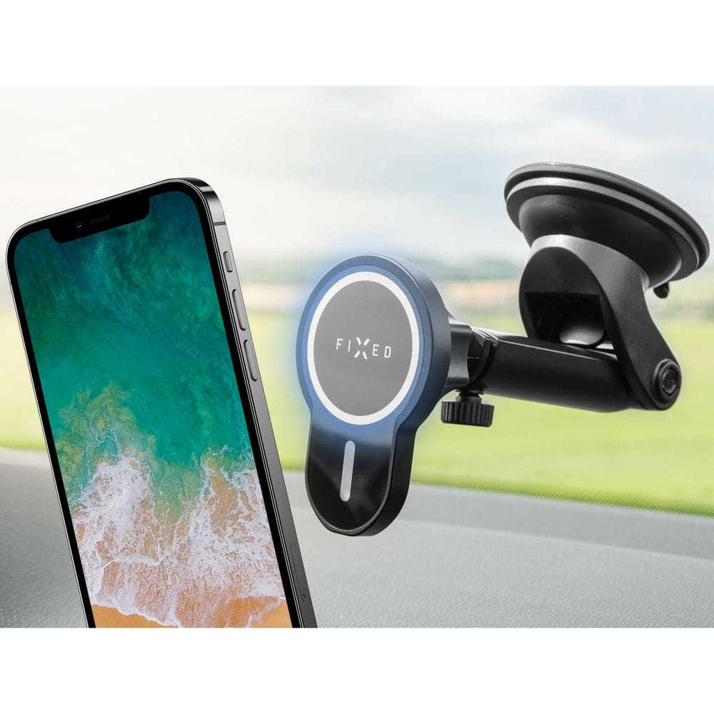 Magnetische Autohalterung Fixed MagClick XL mit Qi-Ladefunktion an Windschutzscheibe, kompatibel mit iPhone MagSafe in Schwarz.