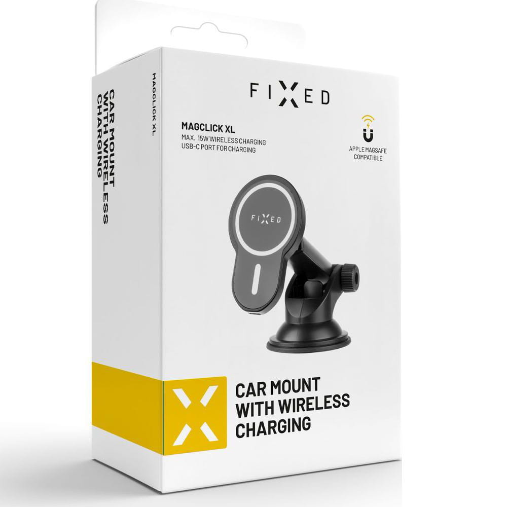 Verpackung der FIXED MagClick XL, magnetische Autohalterung mit Qi-Ladefunktion, Schwarz, kompatibel mit iPhone MagSafe.