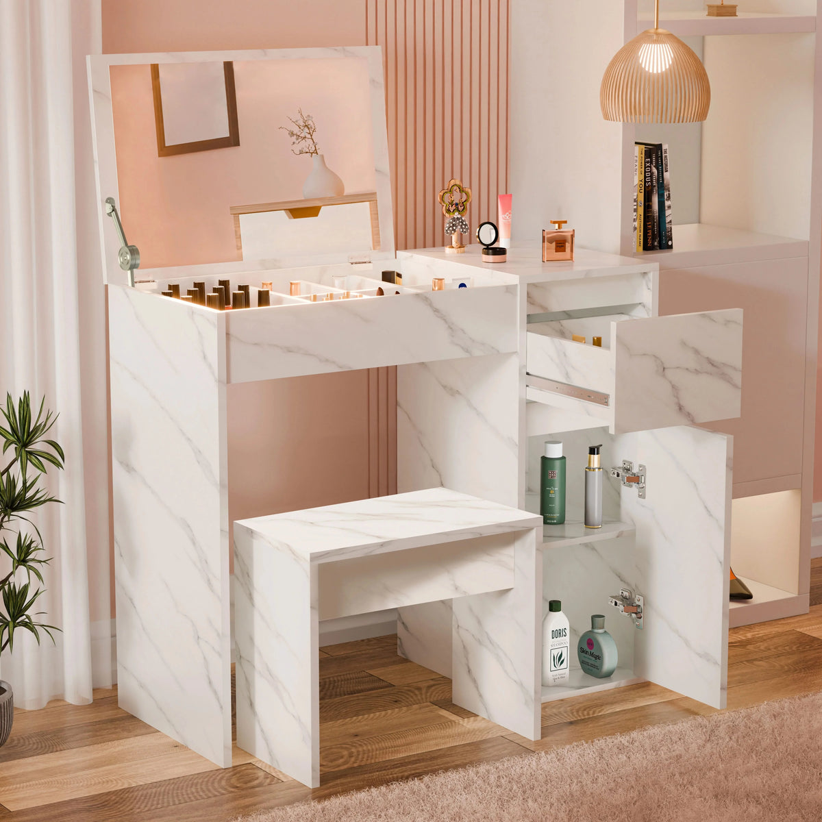 [White Marble] Dressing table with flip-up mirror raised, stool under desk, right cabinet door open showing two shelves