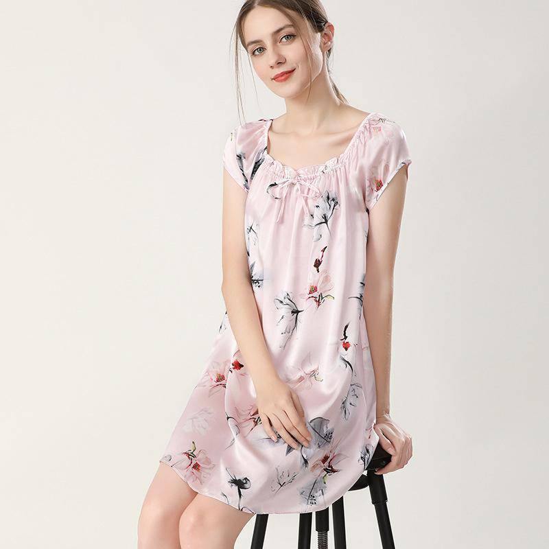 Floral Print Silk Nightgown For Women Loose Silk Nightdress Pink XS