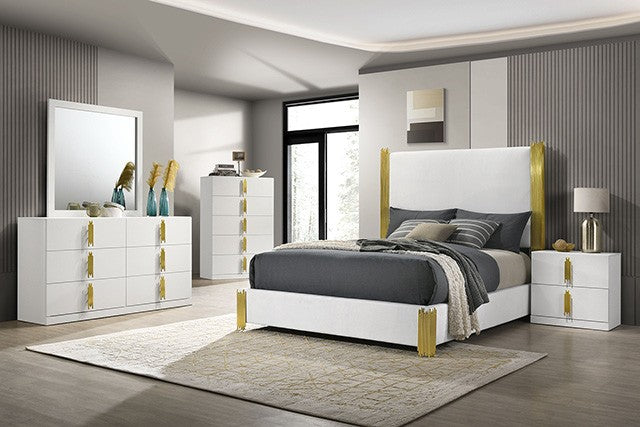 FM7271WH-4PC 4 pc Basildon white finish wood fabric padded headboard gold accents queen bedroom set