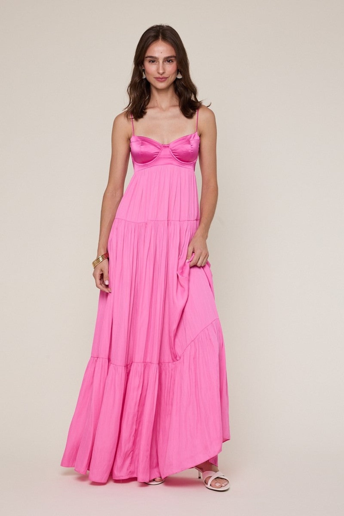 Formal pink satin corset maxi dress with flowy skirt