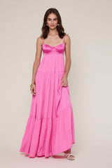 Formal pink satin corset maxi dress with flowy skirt