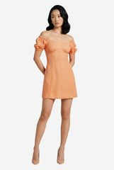 Orange Free People Berry Kiss Eyelet Off-the-Shoulder Minidress with ruffled neckline and eyelet details, perfect for warm-weather wear.