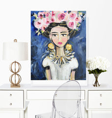 Woman Portrait PRINT on Paper or Canvas "Frida Doll Face"
