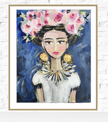 Woman Portrait PRINT on Paper or Canvas "Frida Doll Face"