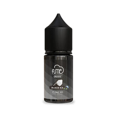 Black glass bottle of fume e-liquid orjoy black ice 5 percent salt nicotine with black ribbed cap 30ml capacity