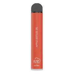 A sleek matte red fume extra disposable vape pen with black cap apple skittles 5 percent flavor 1500 puffs