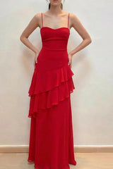 Straps Red Sweetheart Lace-Up Tiered Ruffle Maxi Dress