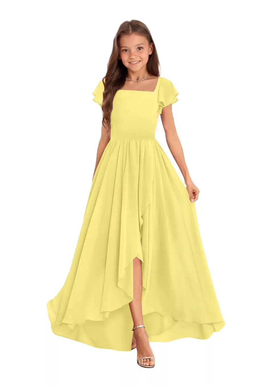 Elegant Square Neck Chiffon Maxi Dress-[Yellow]