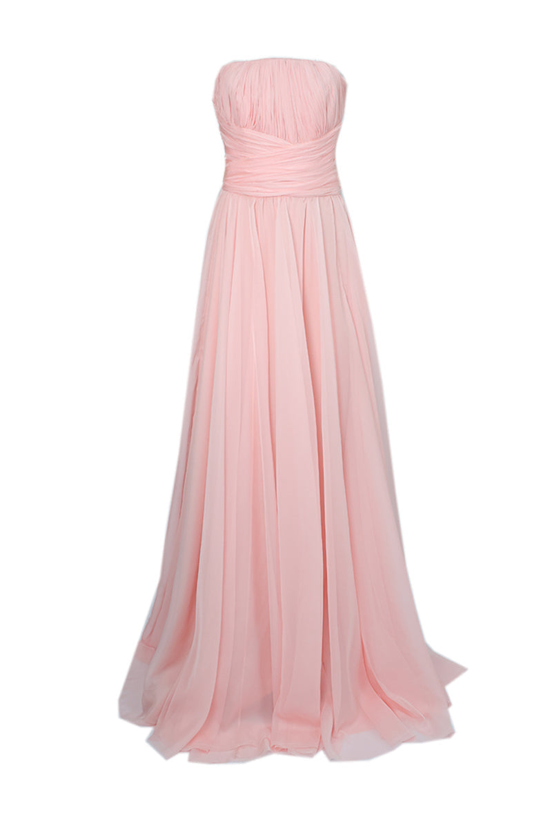 Pink powder corset draped gown by Joanna Andraos, featuring elegant flowing fabric and structured corset design.