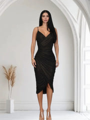 Gilded Allure Ruched Mesh Midi Dress - Black front view showing full midi length silhouette