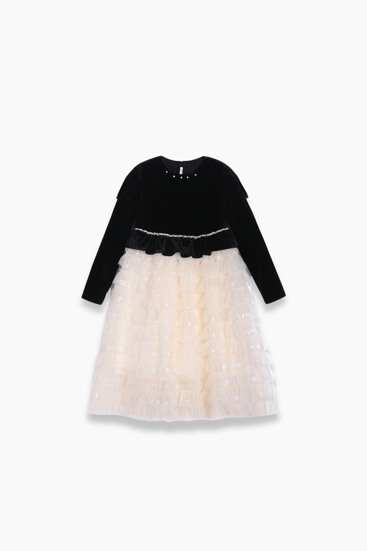 The KIKI and JOJO Girls Velvet & Tulle Sparkle Dress in Black/Ivory features a velvet top and a layered tulle skirt, displayed on a white background.