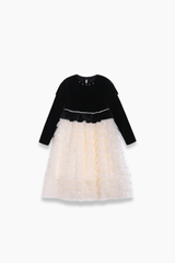 The KIKI and JOJO Girls Velvet & Tulle Sparkle Dress in Black/Ivory features a velvet top and a layered tulle skirt, displayed on a white background.