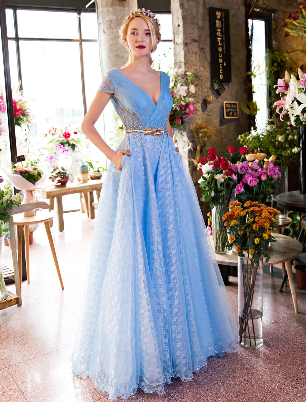 Glamorous Long Evening Dresses Luxury V Neck Rhinestones Beading Cap Sleeve Pleated Lace Tulle Baby Blue Formal Evening Dresses-Ballbella