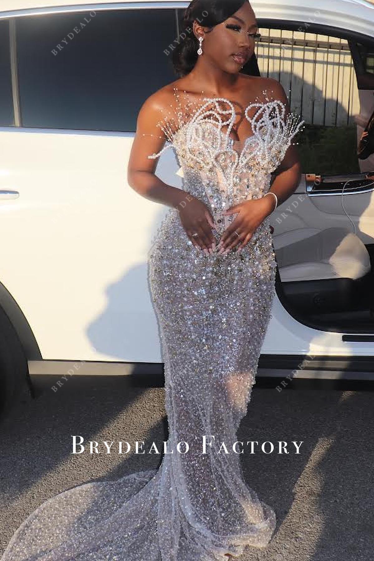 glitter beaded strapless prom dress