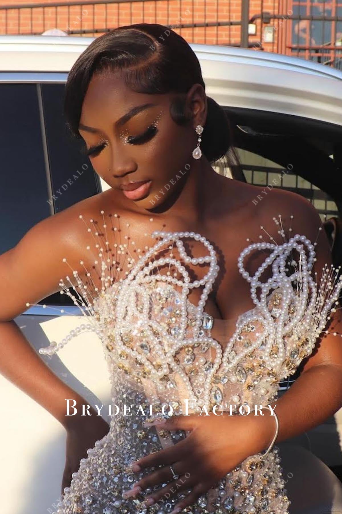 glitter beaded sweetheart neck prom dress