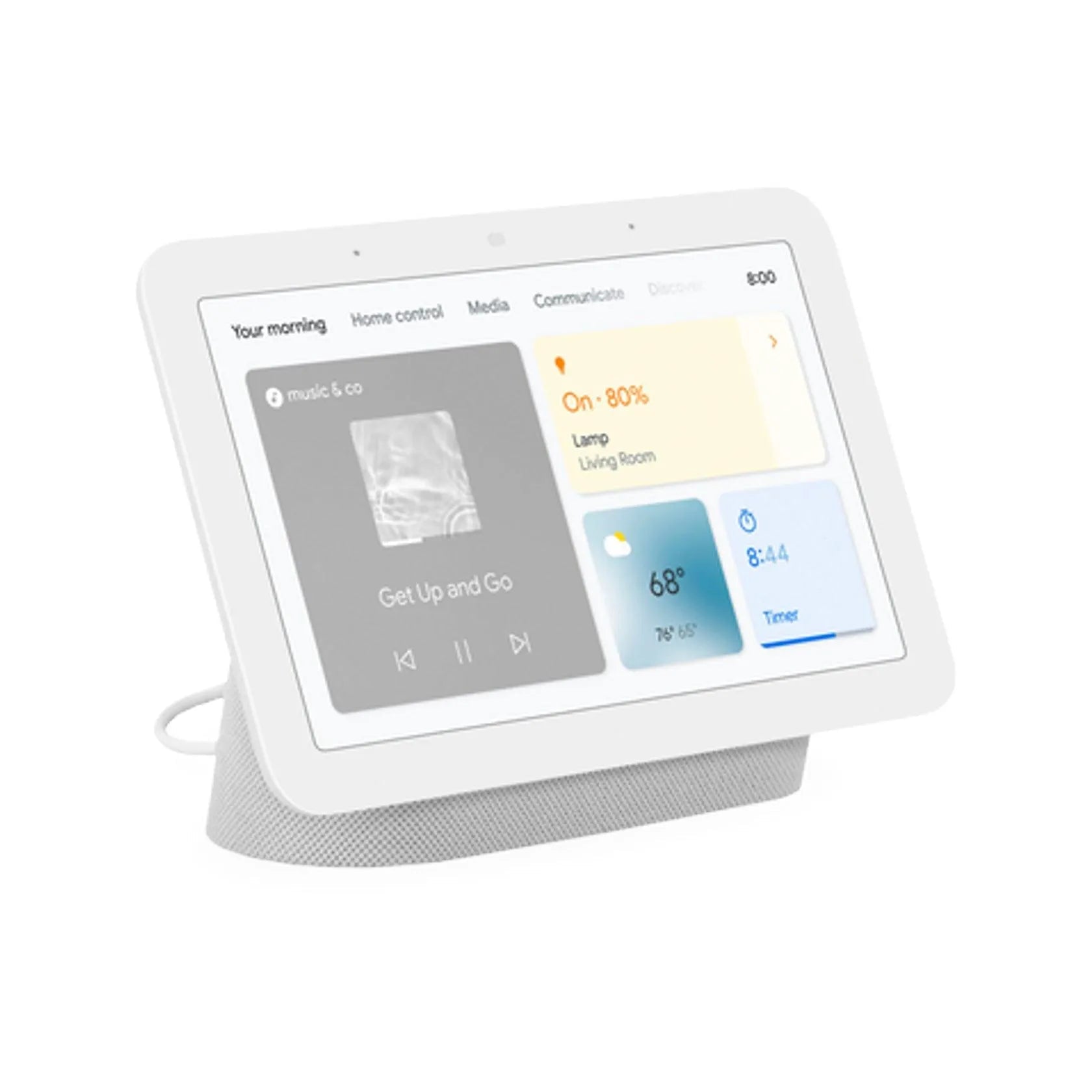 White smart display on a stand showing home control, weather, and media interface
