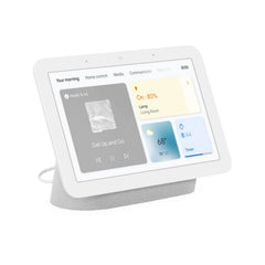 White smart display on a stand showing home control, weather, and media interface