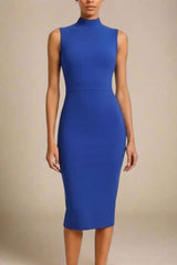 Woman wearing a figure flattering  Grace Bandage Midi Dress - Navy Blue Bodycon Collection