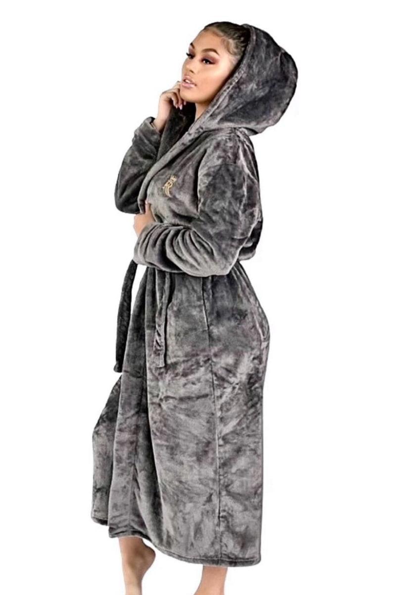 Womens Grey Hooded Royalty Robe - Royalty Robes - model wearing soft grey fleece bathrobe with hood and pockets.