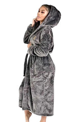 Womens Grey Hooded Royalty Robe - Royalty Robes - model wearing soft grey fleece bathrobe with hood and pockets.