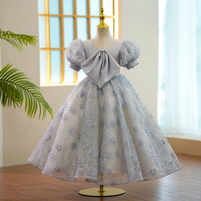 Grey Princess Ball Gown for Girls - Puffy Maxi Dress with Sequins & Bows