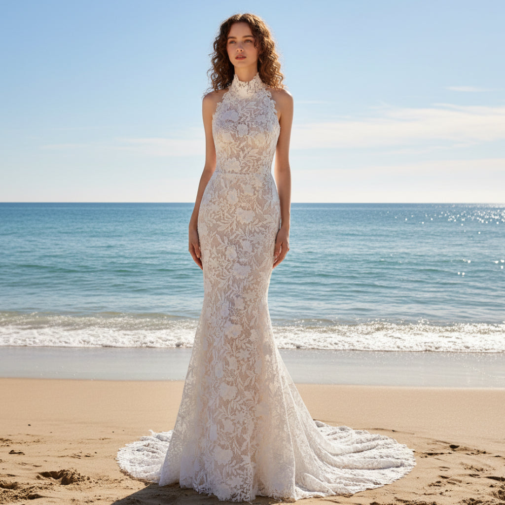 halter neck lace wedding dress